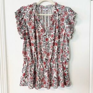 Voy 1X floral print peplum pleated cap sleeve ruffle neck blouse